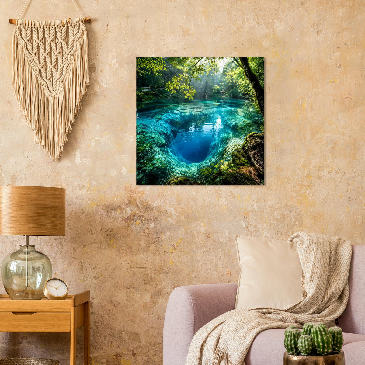 Quadratisches Poster im schwarzen Rahmen mit Waldsee, türkisfarbenem Wasser und dichter Vegetation