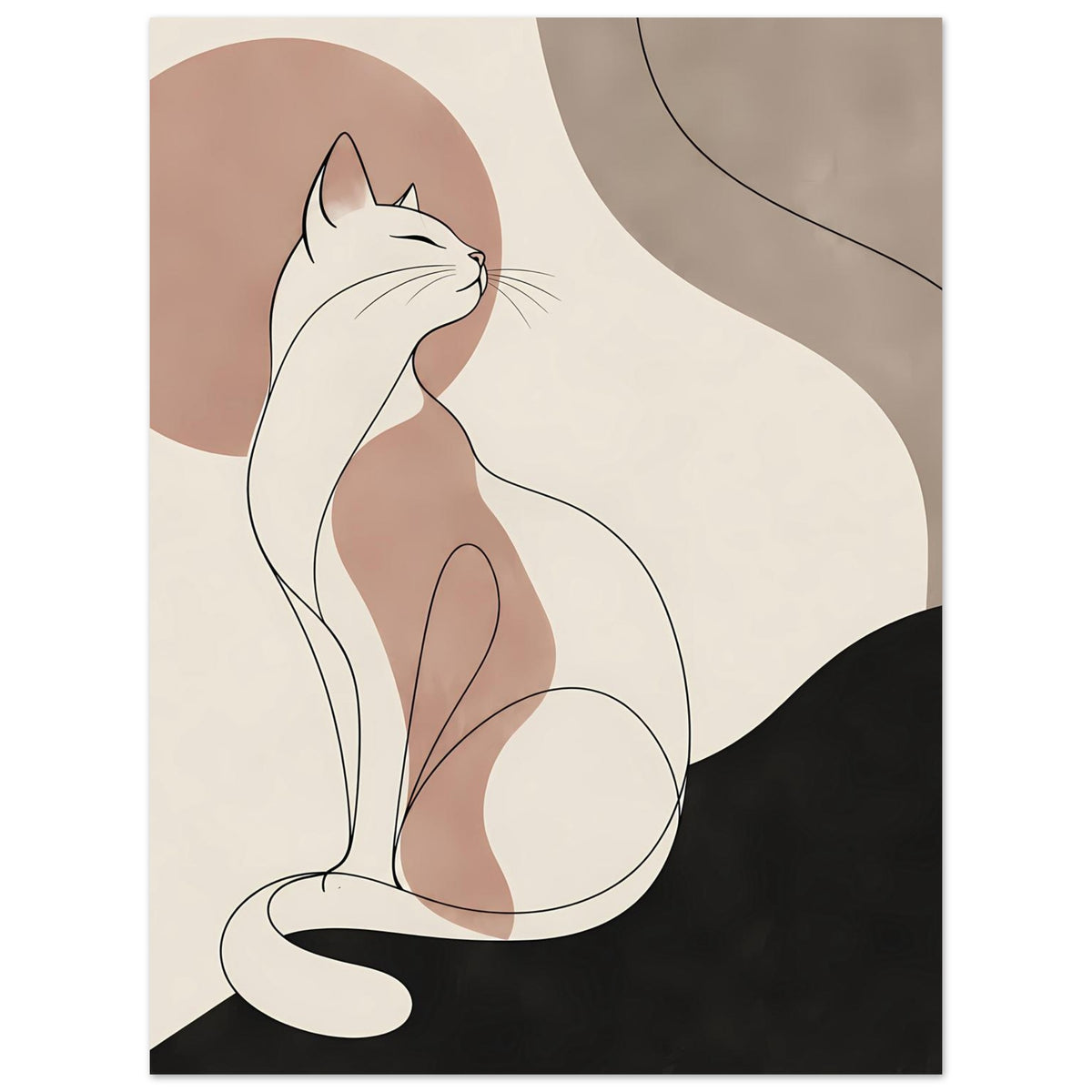 Poster mit sitzender Katzen-Silhouette, weißes Motiv, rosafarbene Schatten und dunkler Kontrast unten