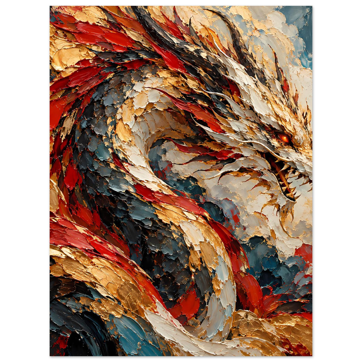 Fantasy-Poster: Drachenkopf und Flügel, kräftige Muster in Rot, Gold und Blau, detailreich