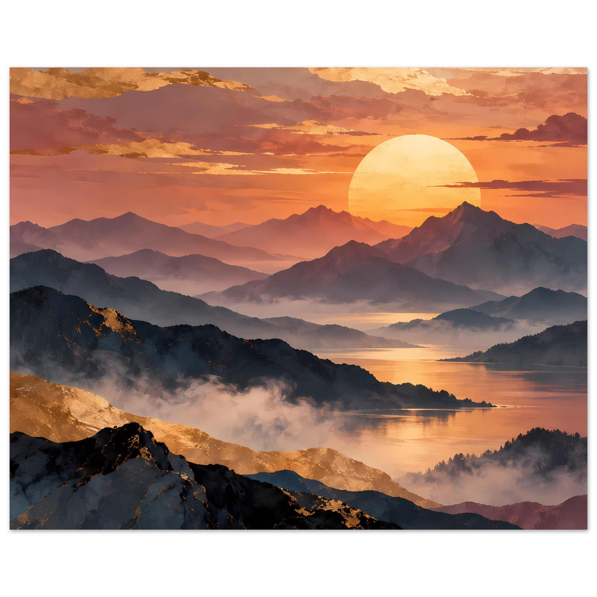 Horizontales Wandposter: Sonnenuntergangs-Szene mit Bergen, großer Sonne, Dunst über einem Gewässer