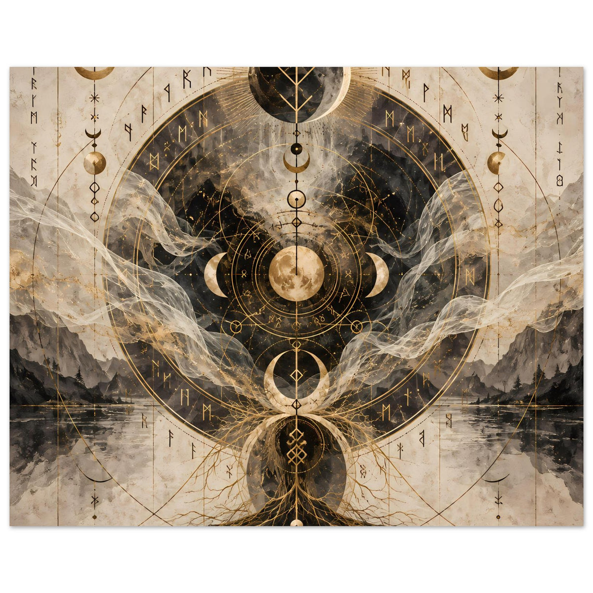 Poster im Querformat mit gold-schwarzem Mandala, Mondphasen und durchscheinenden Schleiern