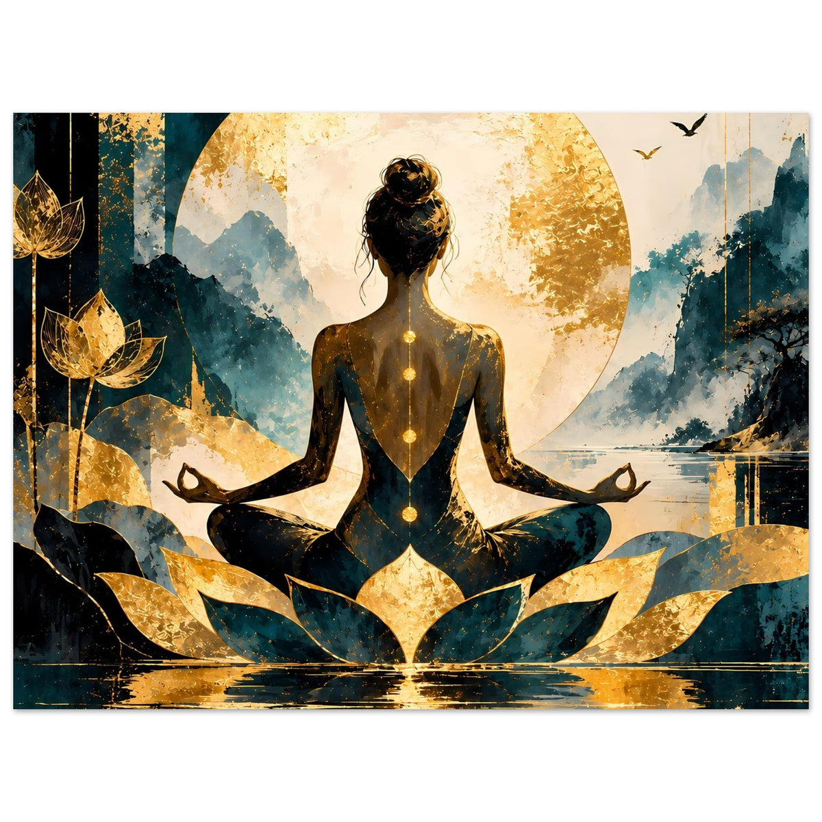 Wandposter mit Rückenansicht einer Lotusfrau im Meditationssitz, blau-goldene Lotusornamente