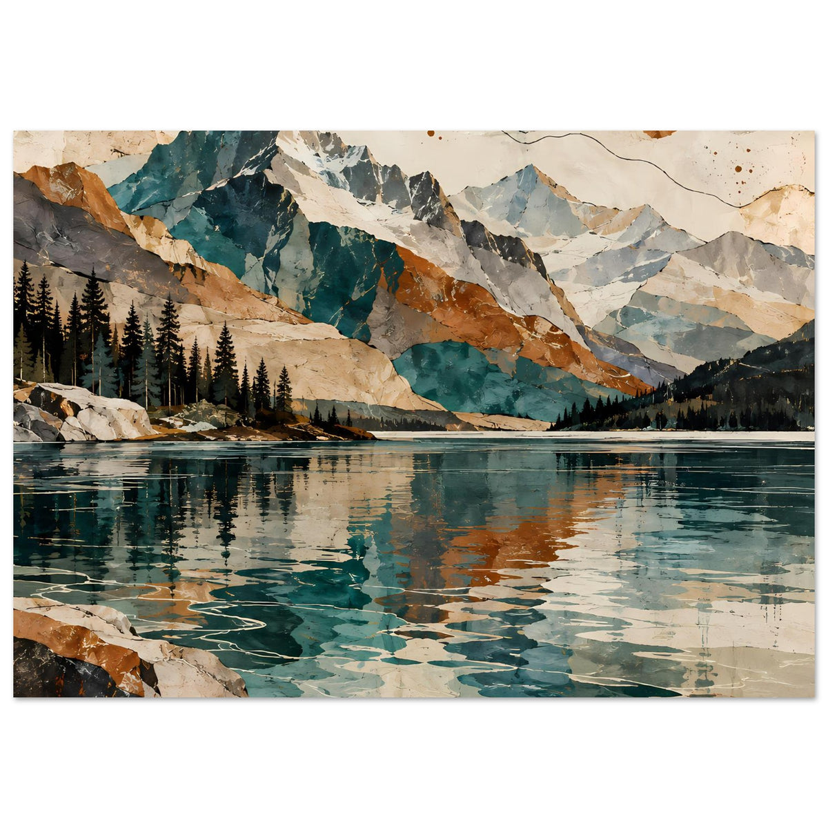 Horizontales Kunstdruck-Poster mit Berglandschaft, See und Tannen vor Himmelssonne