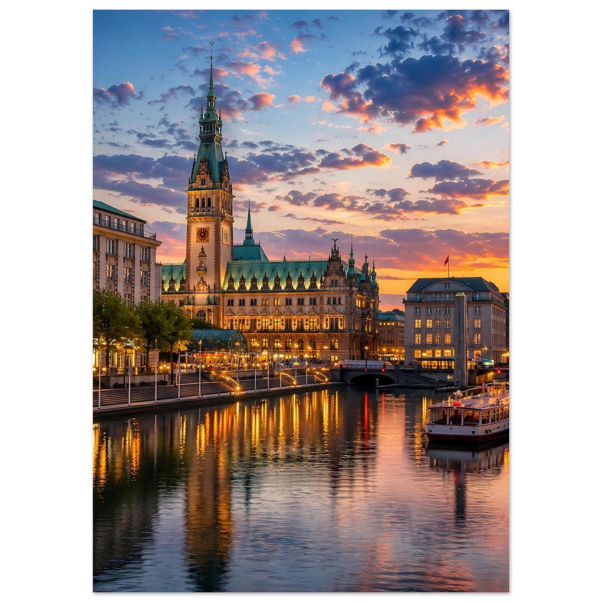 Stadtlandschafts-Poster im Hochformat mit Domtürmen und Sonnenuntergang über dem Fluss