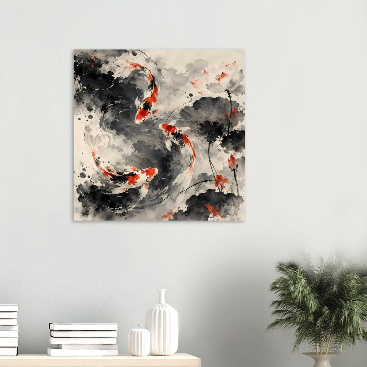 Wandposter mit Koi-Fischen im Tusche-Stil, grau-schwarz, orange Fische, querformat