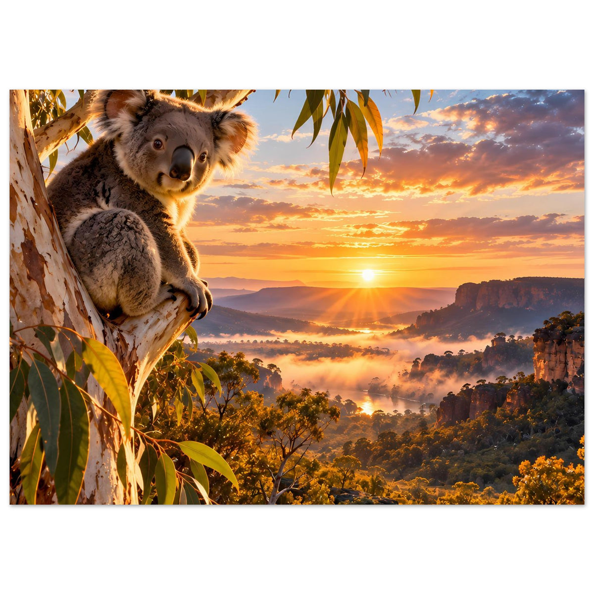 Koala-Poster im Querformat: Koala zwischen Blättern am Baum, Sonne über Nebelbergen