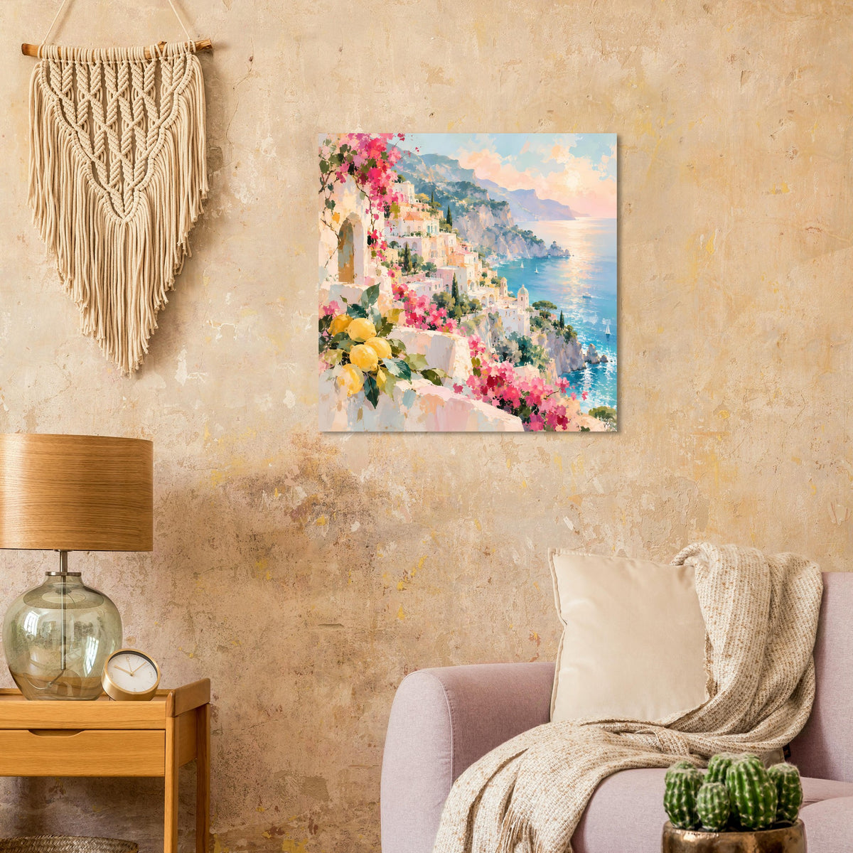 Quadratischer Posterdruck mit Küstenpromenade, blauen Wellen und rosa Blumen