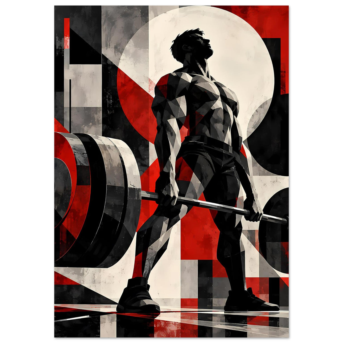 Fitnessposter mit menschlicher Figur und Hantelstange vor rot-schwarzen geometrischen Formen