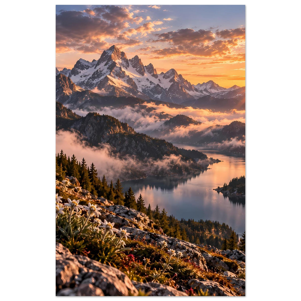 Alpenposter (Hochformat) mit Sonnenaufgang über Gipfeln, Bergsee und Blüten am Hang
