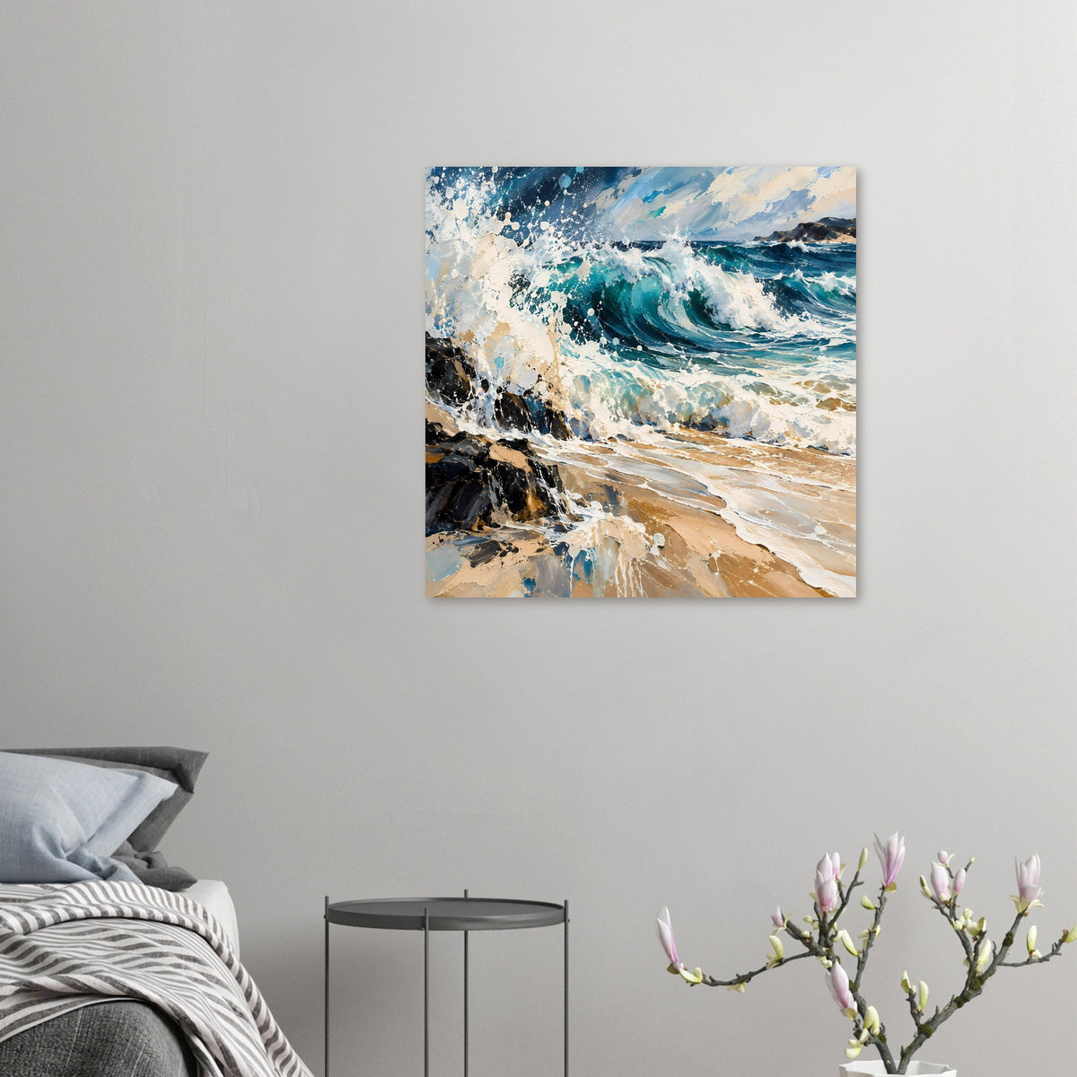 Kleines Meer-Wellenkunstposter: türkisfarbene Welle, weißer Schaum und dunkle Felsen
