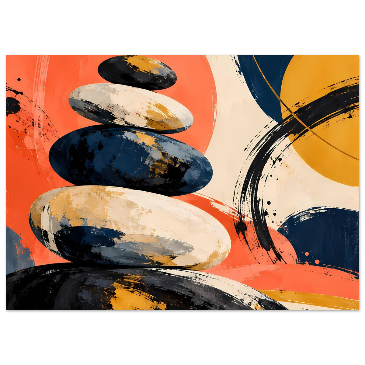 Abstraktes Poster: Stein-Stapel in Orange, Navy und Gelb mit dynamischen Pinselakzenten