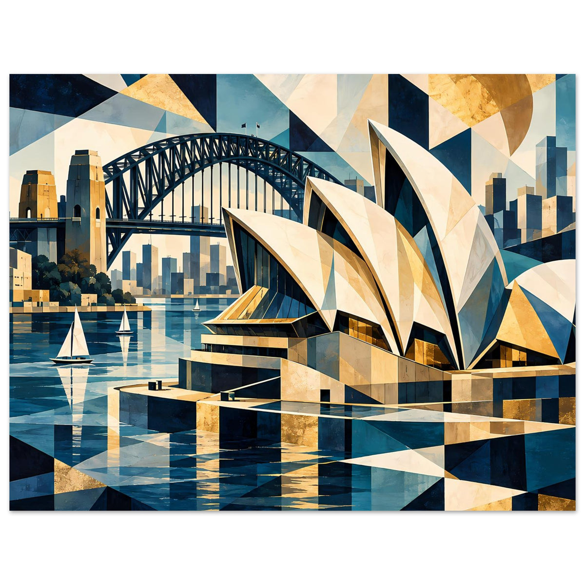 Poster mit geometrischer Sydney-Hafenillustration, Opernhaus und Brücke mit Wasser im Vordergrund