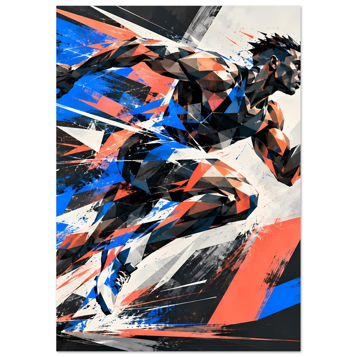 Poster mit Läuferfigur im Profil, aggressive Farbflächen in Blau und Orange