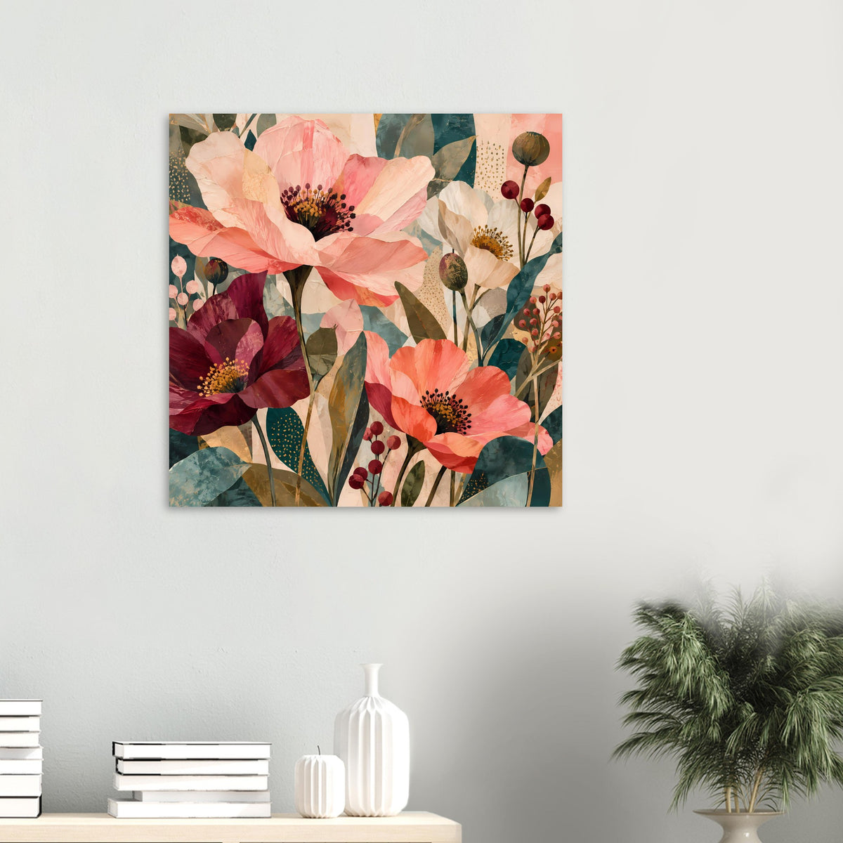 Blumen-Kunstdruck mit abstrakten Blüten in Koralle, Creme und Burgunder sowie dunklen Kernen