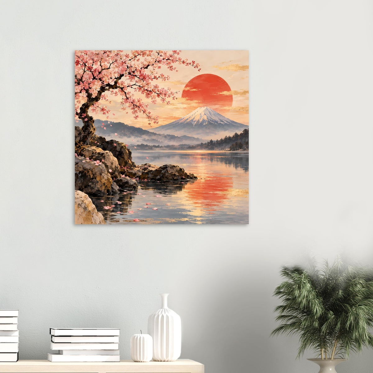 Kleines Wandposter mit Kirschblütenzweig, Mount Fuji, roter Sonne und Wasserreflexen