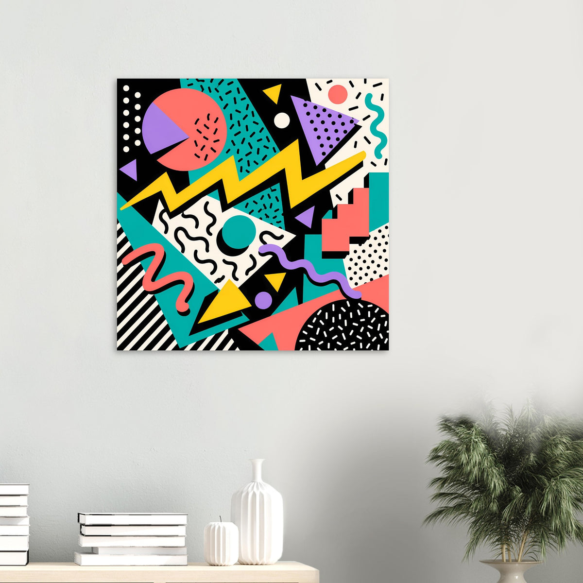 Geometrisches Retro-90er Poster mit bunten Flächen, Zickzacklinien, Kreisen und Punkten.