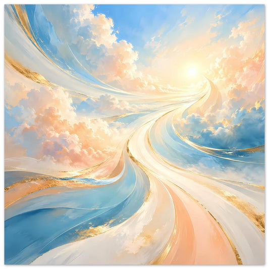 Fantasie-Poster mit pastellfarbenem Himmel und geschwungenem Lichtpfad, warm-kühle Verläufe