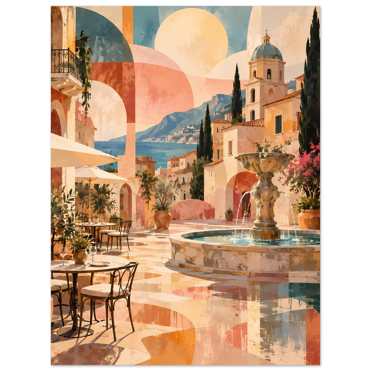Poster mit mediterraner Terrasse, Brunnen und Kirchturm in warmen Pastelltönen