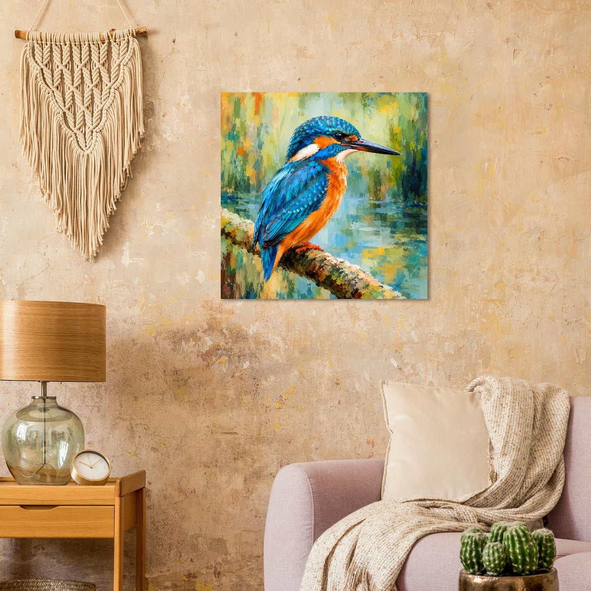 Quadratisches Poster: blauer Eisvogel mit rotem Bauch auf Ast, leuchtende Farbflecken
