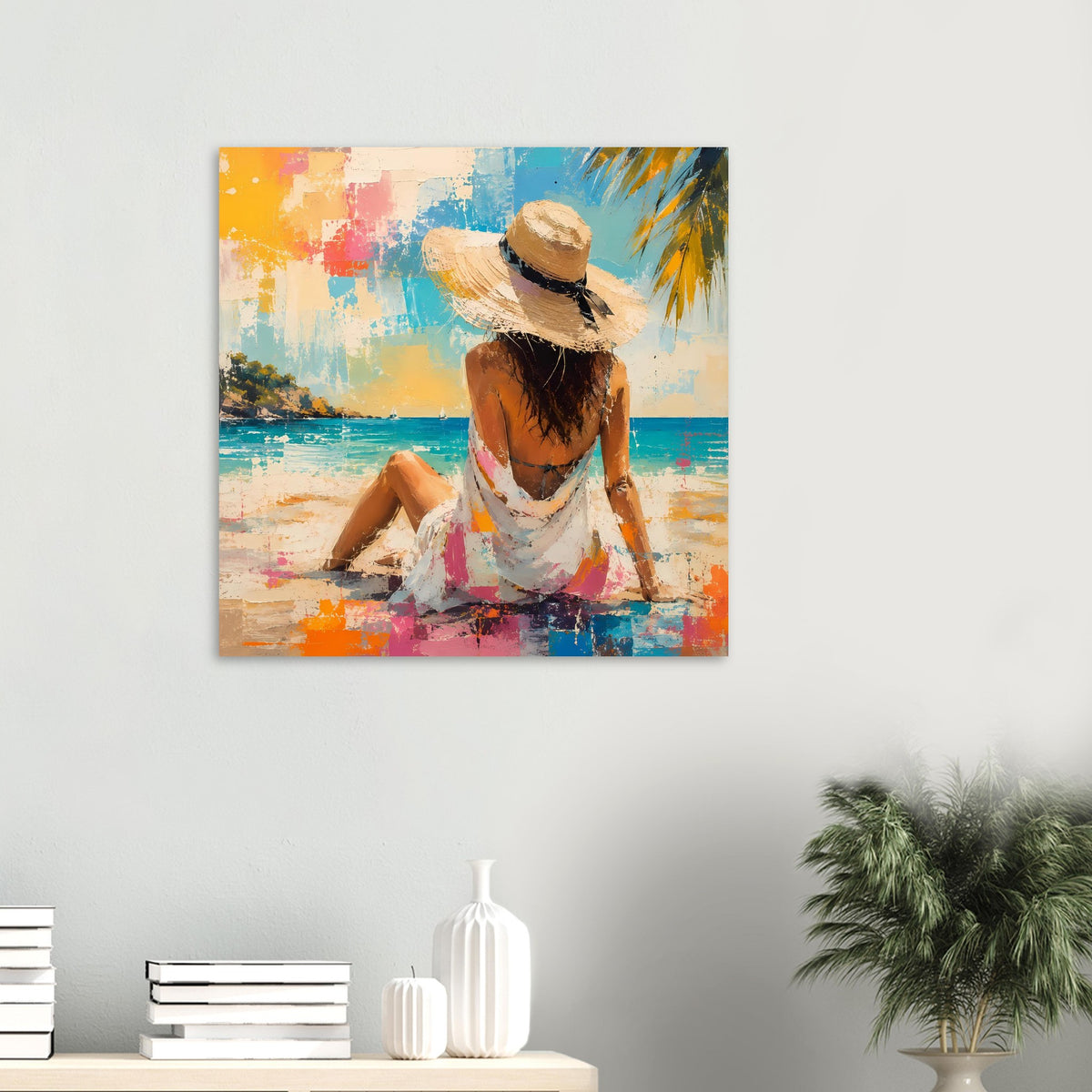 Quadratisches Poster mit Frau im Strohhut am Strand, abstrakte Farbflächen