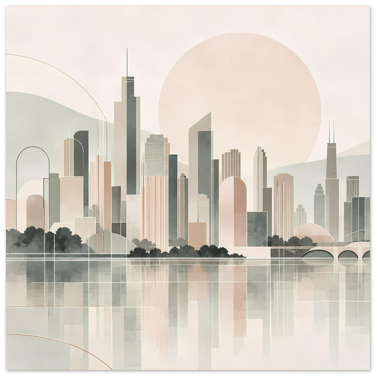 Stadtposter: reduzierte Skyline in Pastell, mit Sonnenscheibe und spiegelndem Wasser