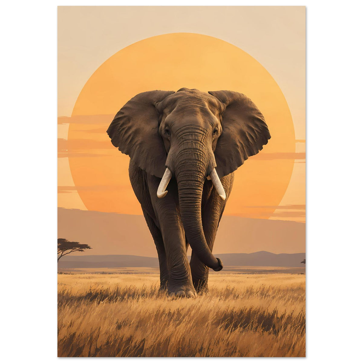 Hochformat-Poster mit Elefant und Sonnenkreis im Hintergrund über grasiger Savanne