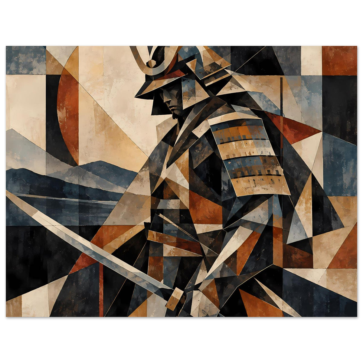 Poster mit geometrischem Samurai-Krieger in erdigen Tönen, Helm, Rüstung und braunes Schwert