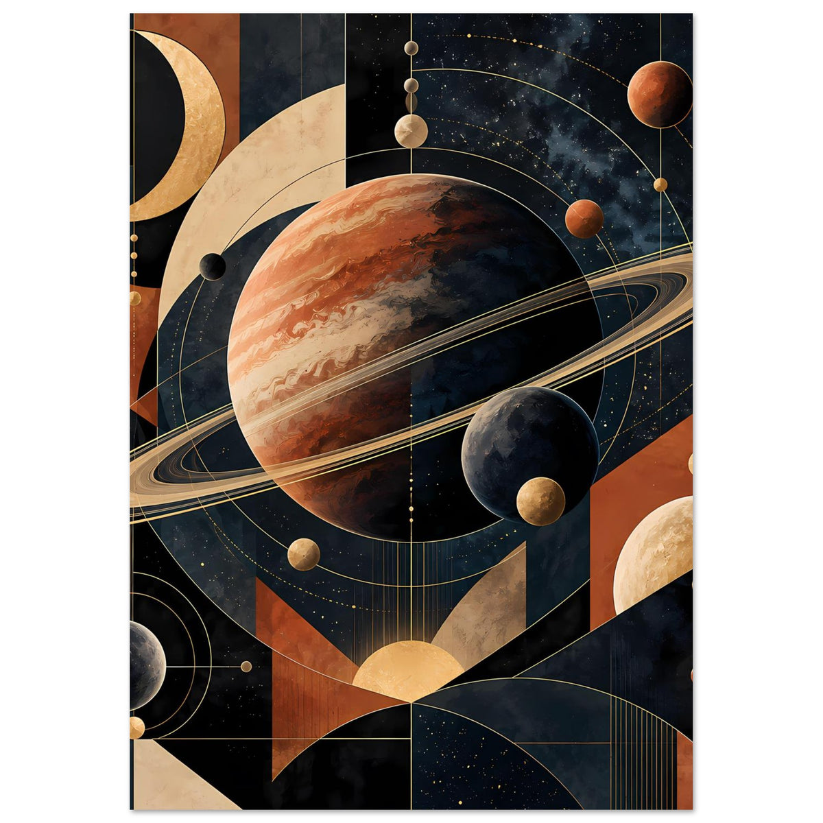 Vertikales Weltraum-Poster mit großem Planeten, Ringen und kosmischen Linien