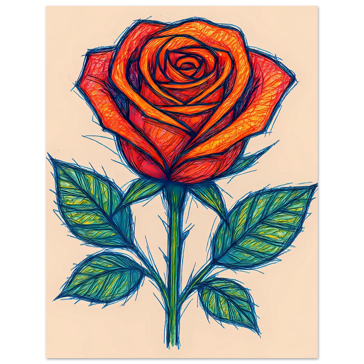 Poster mit stilisierter roter Rose und grünen Blättern im Skizzenstil, mittig zentriert
