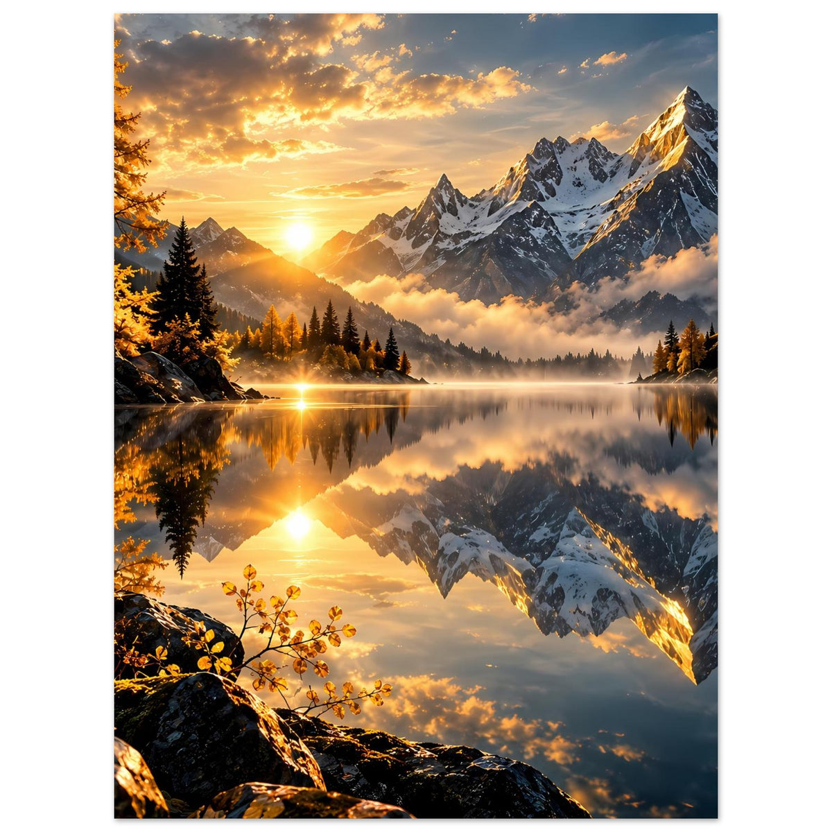 Poster mit Sonnenaufgang über Bergsee, spiegelnde Berge und warmes Licht im Wasser
