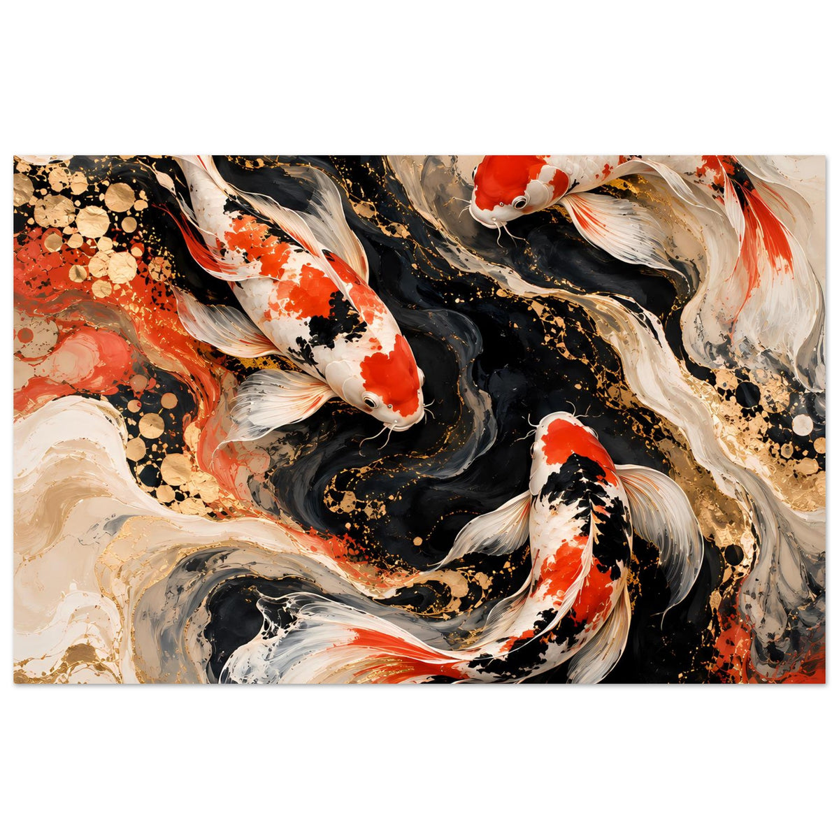 Kunstposter mit Koi-Fischen, abstrakt geschwungene Muster in Rot, Weiß, Schwarz und Goldtönen