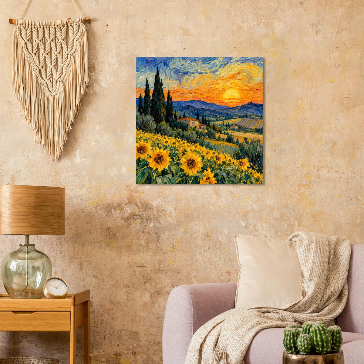 Quadratisches Kunstposter: Sonnenblumenfeld im Sonnenuntergang mit Landschaft und Zypressen