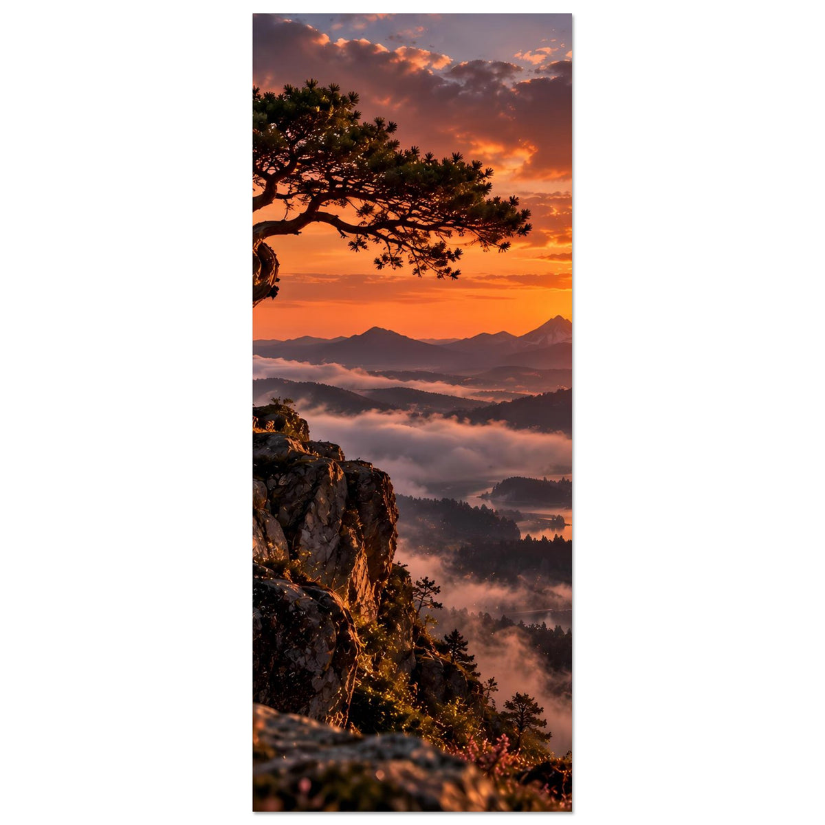 Vertikales Landschaftsposter: Baum auf Felsen, warme Wolken und Sonne über Bergtal
