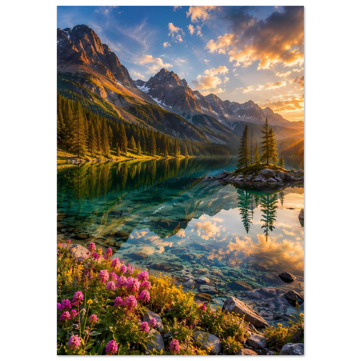 Poster Bergsee-Szene mit Tanneninsel, türkisfarbenem Wasser, Himmel mit Wolken und Blütenvordergrund.