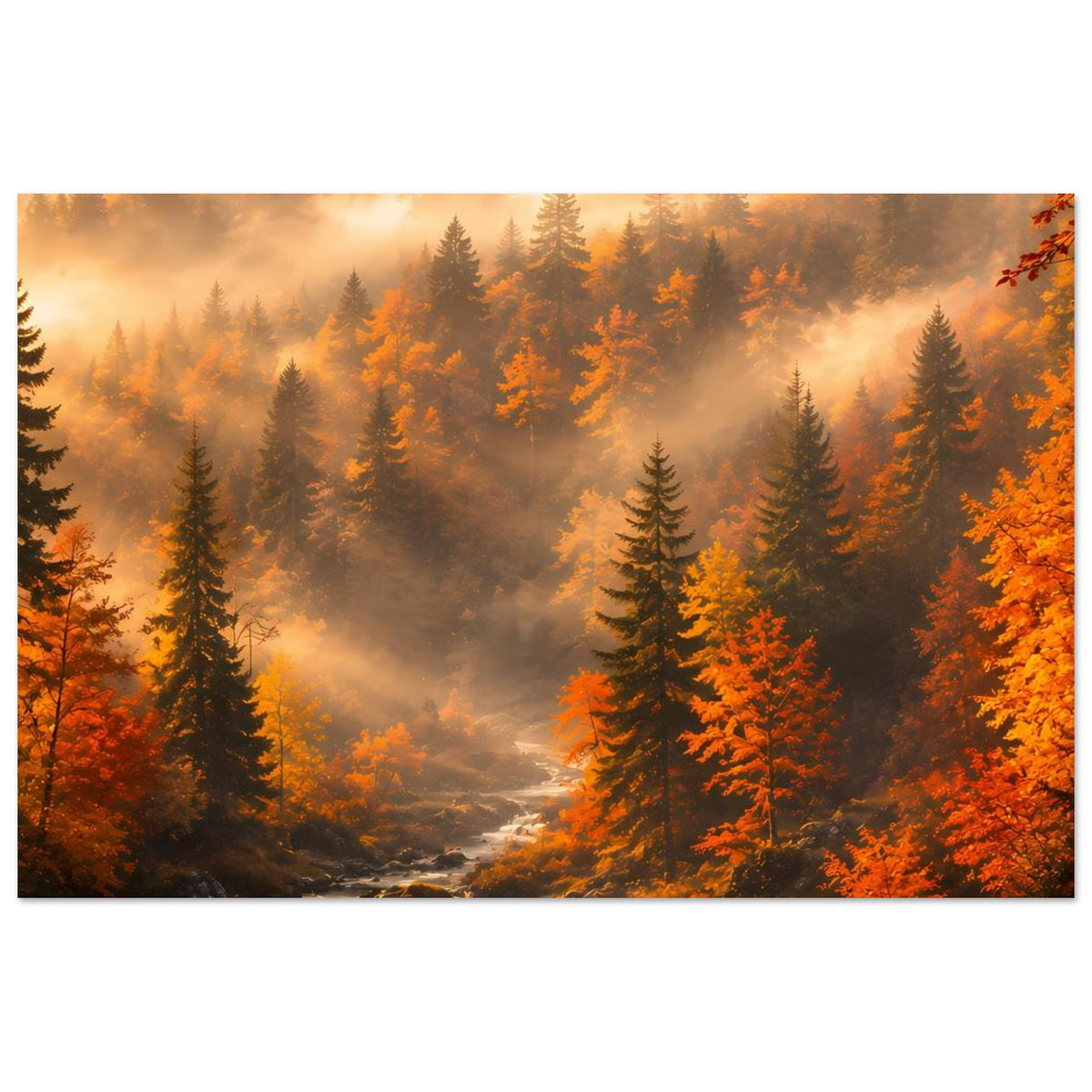 Herbstwald-Poster im Querformat: Fichtenreihen, orangefarbene Baumgruppen, Dunstlandschaft