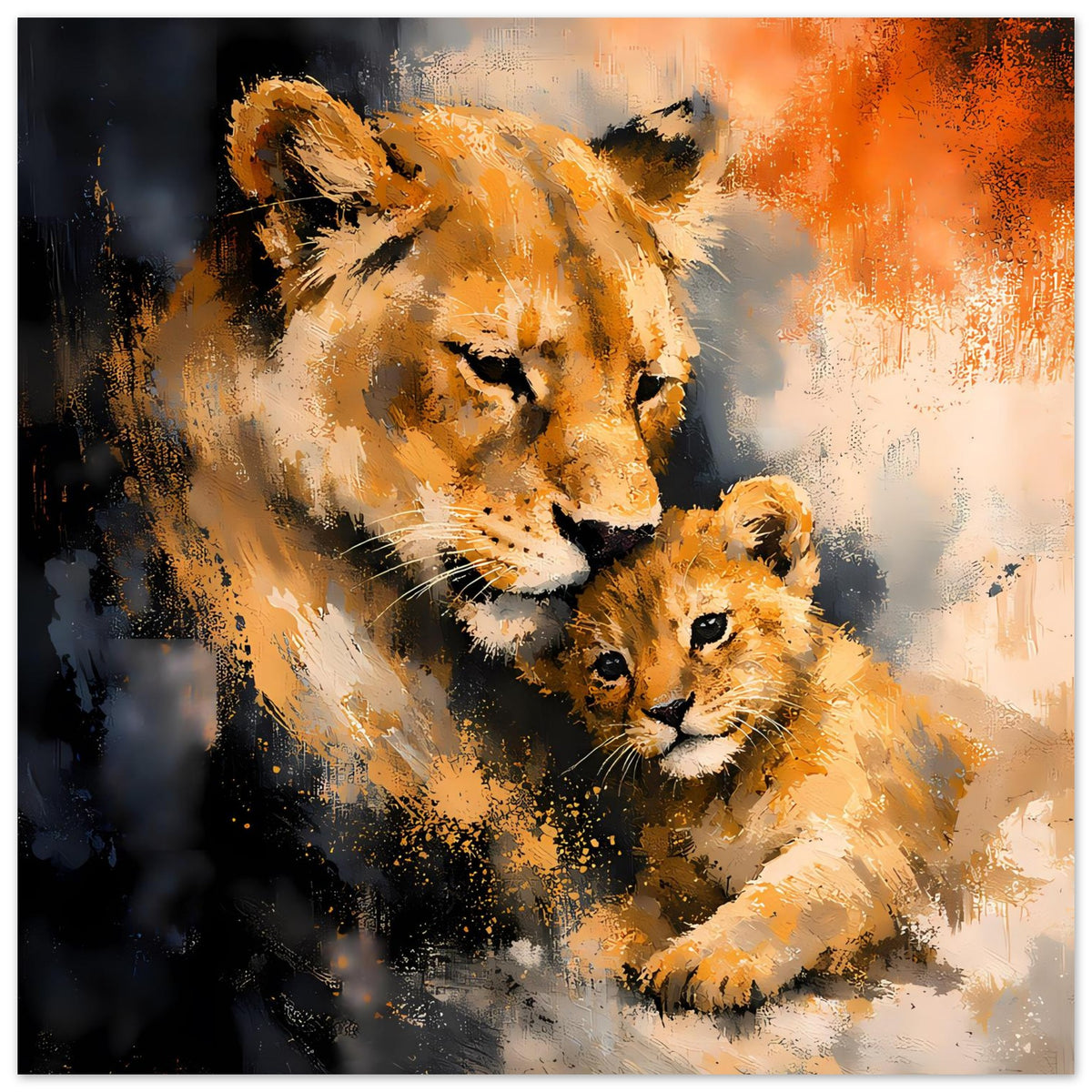 Poster mit Löwin und Jungtier, gemaltes Motiv mit ausdrucksvollem Blick, orange-braun