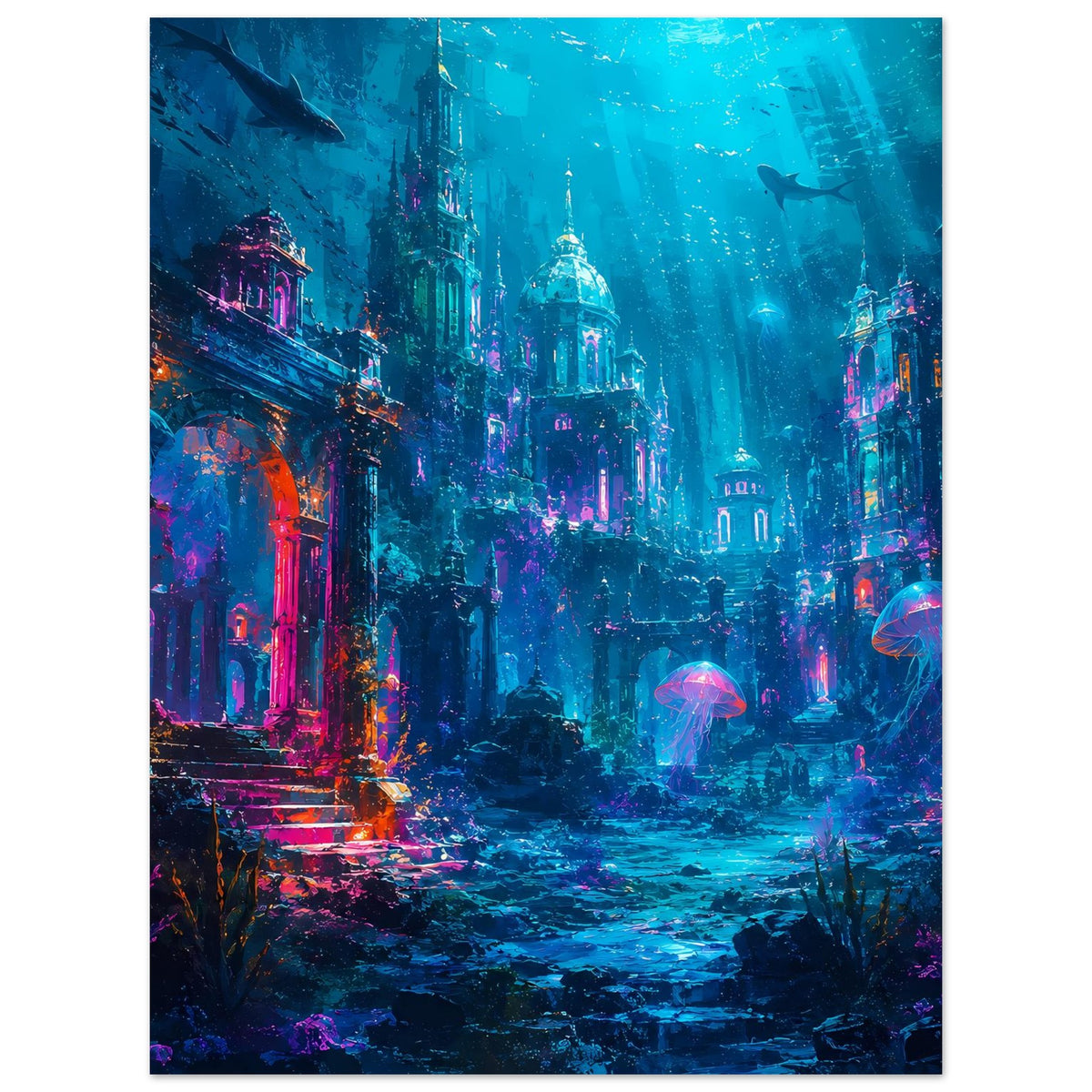 Fantasy-Unterwasserposter (Hochformat) mit versunkenen Ruinen und leuchtenden Quallen