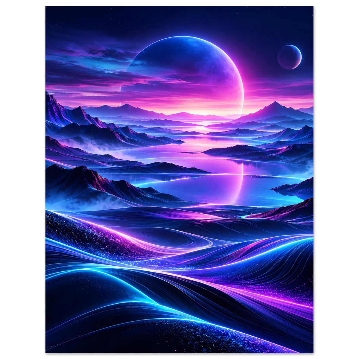 Neon-Weltraum-Poster mit großer leuchtender Kugel, kleinem Mond und glühenden Lichtlinien