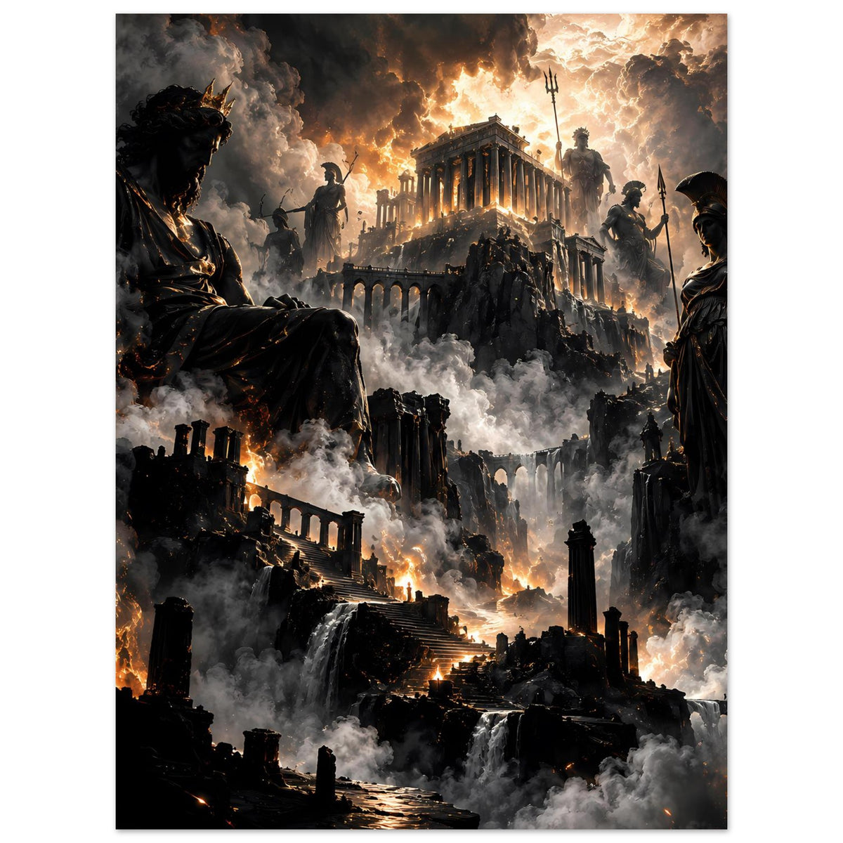Fantasy-Poster: dunkle Stadtruinen, Figuren an den Seiten und leuchtender Himmel über Wolken