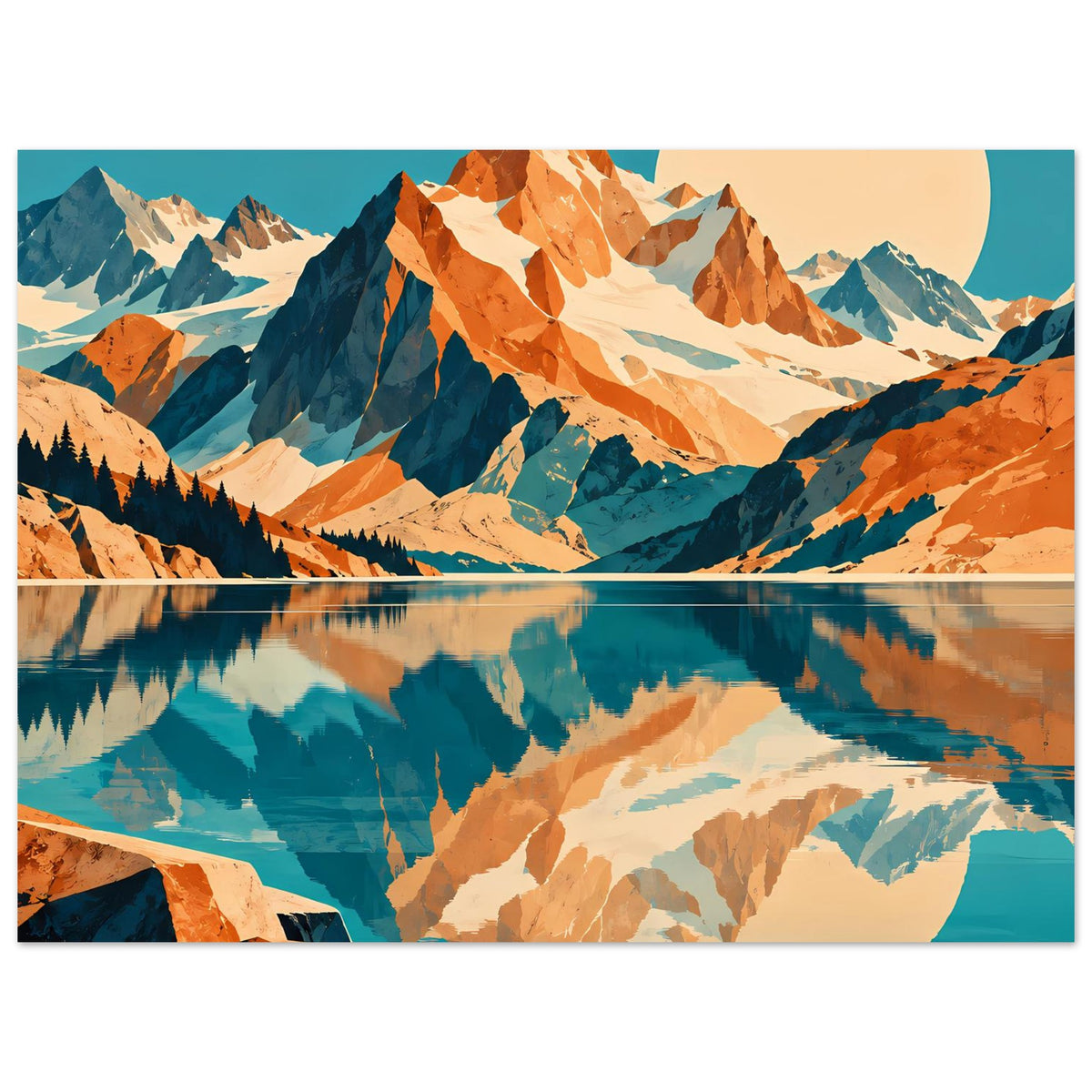 Naturposter (querformatig) mit Bergpanorama, See-Spiegelung und großer Sonne, Blau/Orange