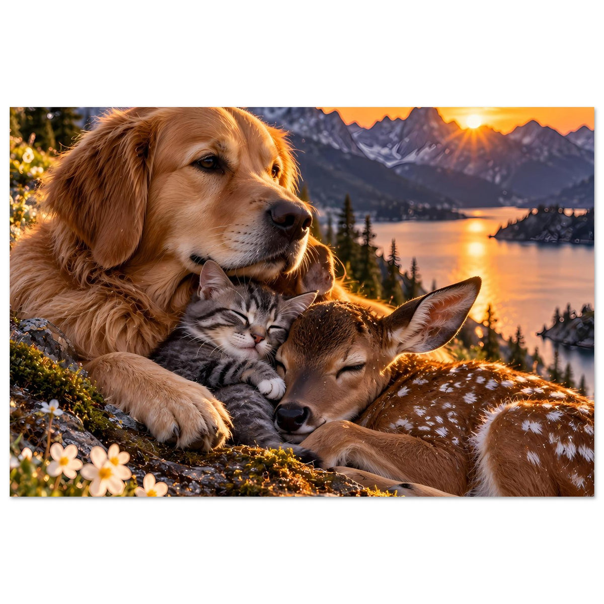 Querformat-Poster mit Hund, Katze und Reh in einer Berglandschaft bei Sonnenaufgang über dem See