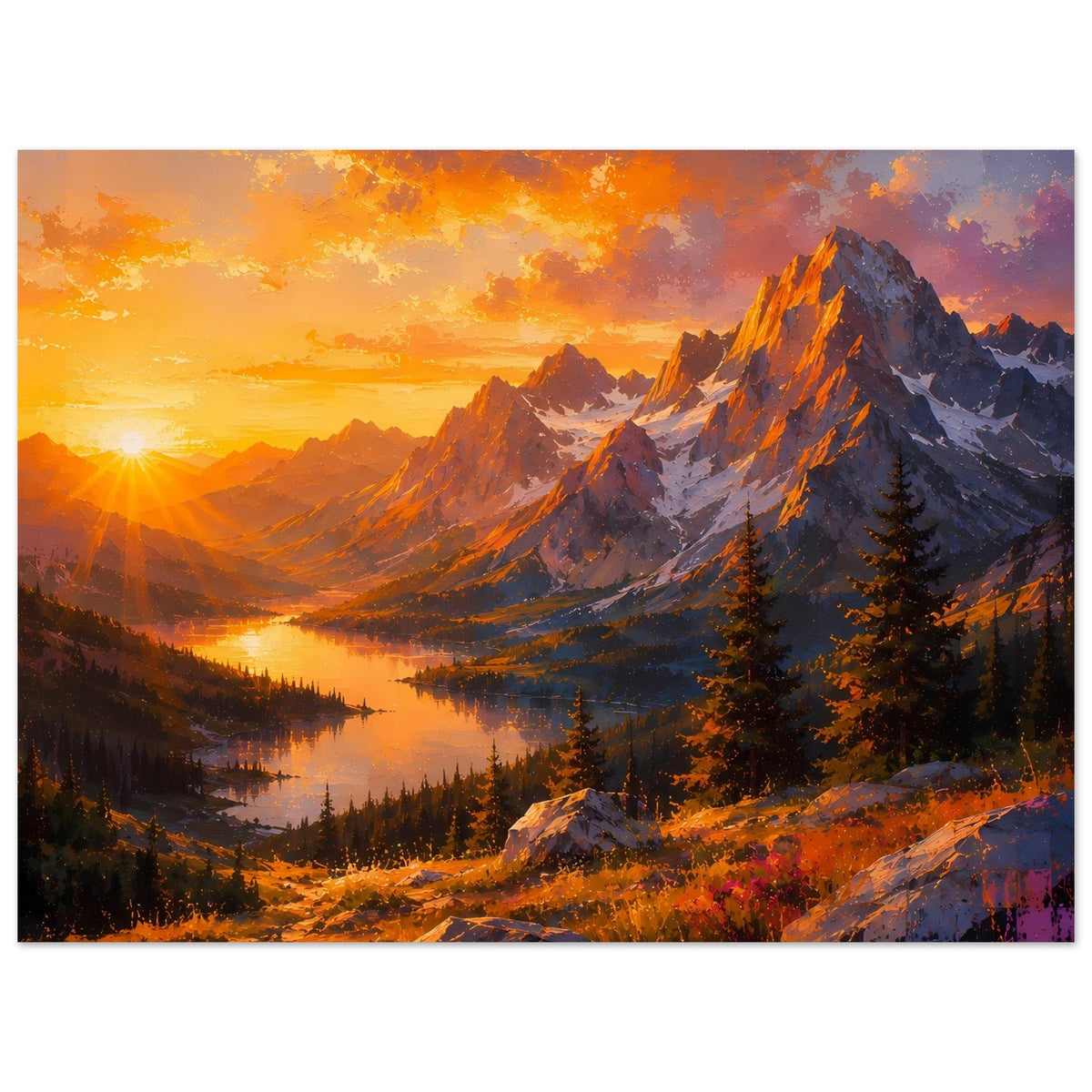 Horizontales Landschaftsposter mit Sonnenuntergang, Bergen und See