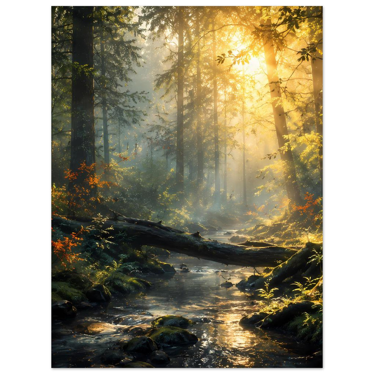Waldfluss-Poster im Hochformat: goldene Sonnenstrahlen im Wald, Bach mit Steinen