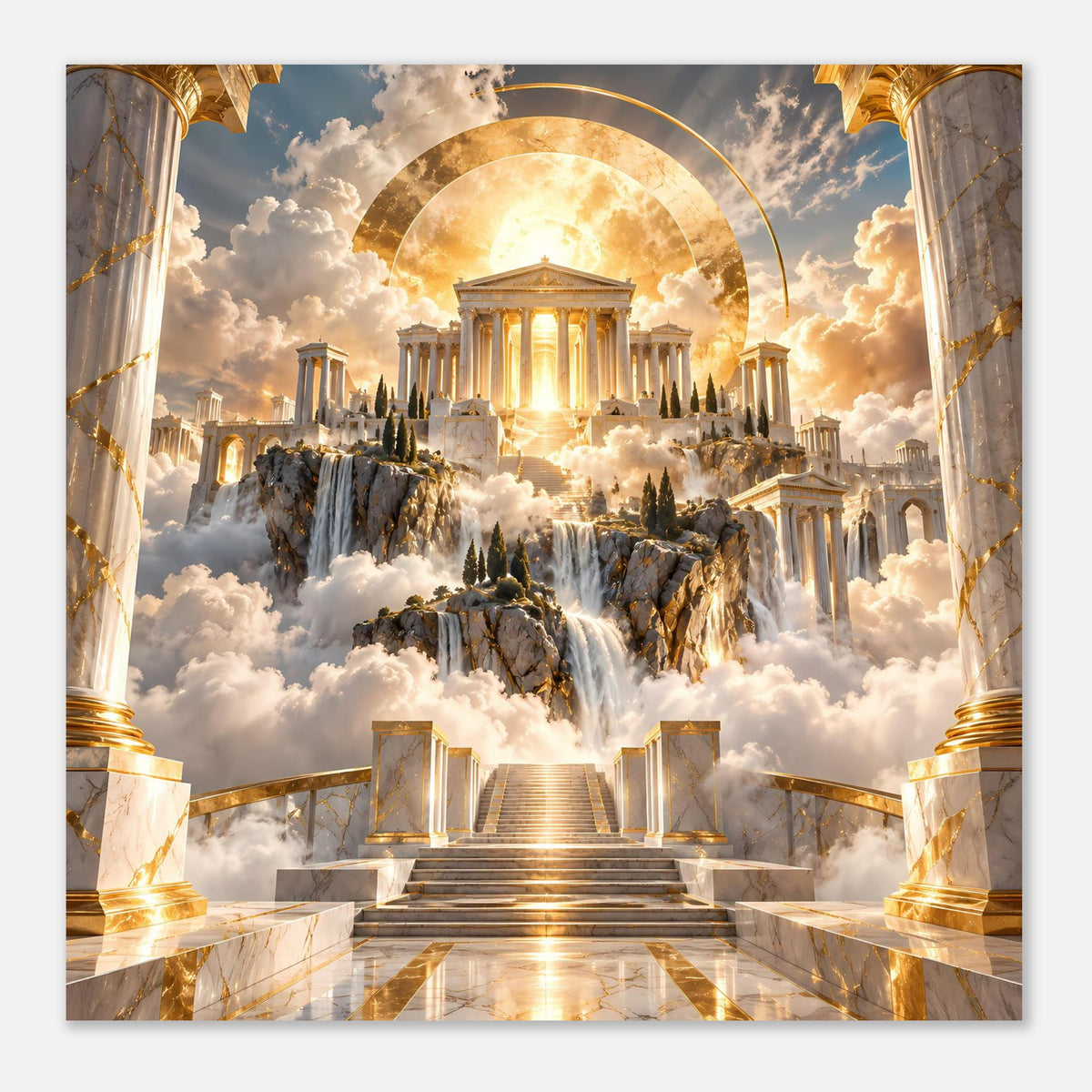 Quadratisches Poster mit Tempel über Wolken, Wasserfällen und goldenem Sonnenring