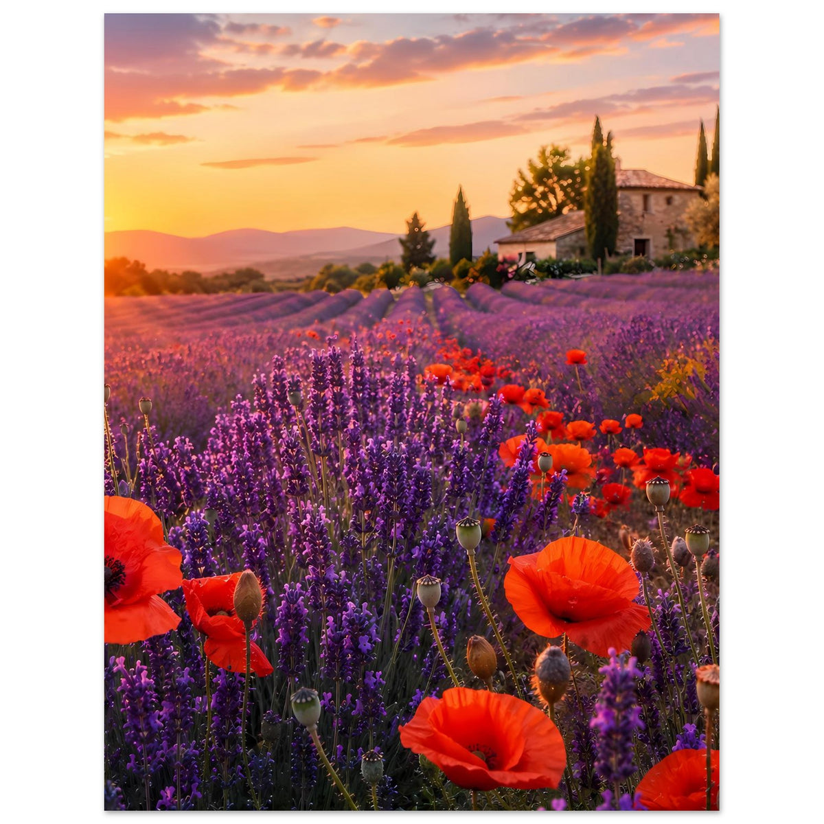 Poster im Hochformat: Lavendelfeld mit roten Mohnblumen und warmem Himmel
