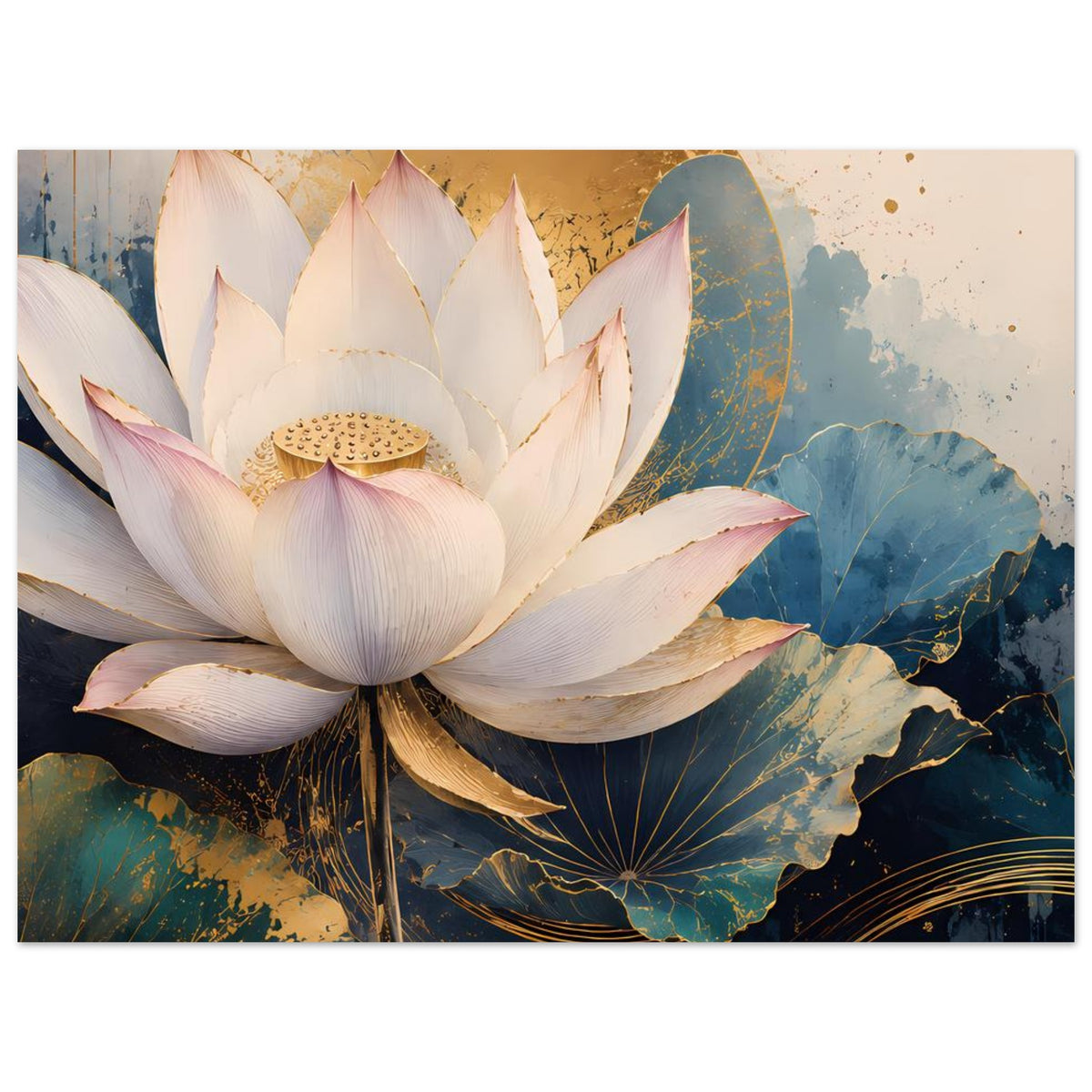 Lotusblumen-Poster mit großer weißer Lotusblüte, blauem Blattwerk und goldfarbenen Verzierungen