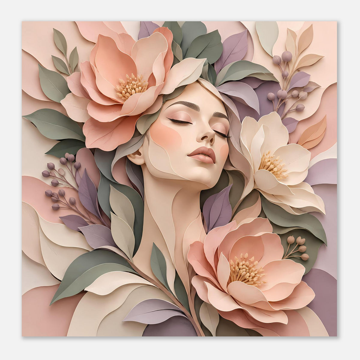 Florales Portraitposter mit Frauenkopf im Blütenmeer, geschlossene Augen, Pastellfarben
