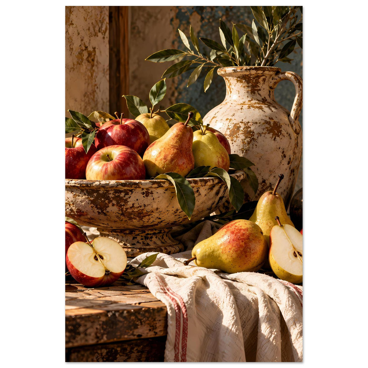 Vertikales Herbst-Poster: Obstschale mit Äpfeln und Birnen, Krug und Tuch im Vordergrund