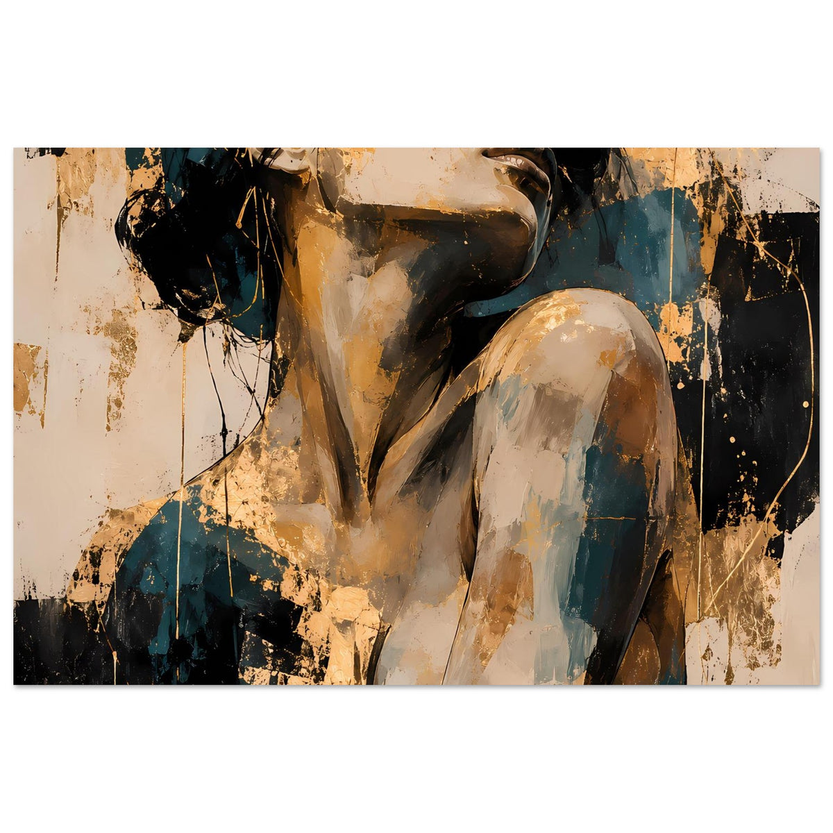 Kunstposter mit abstraktem Frauenporträt, Gold-Highlights und schwarze Farbschlieren