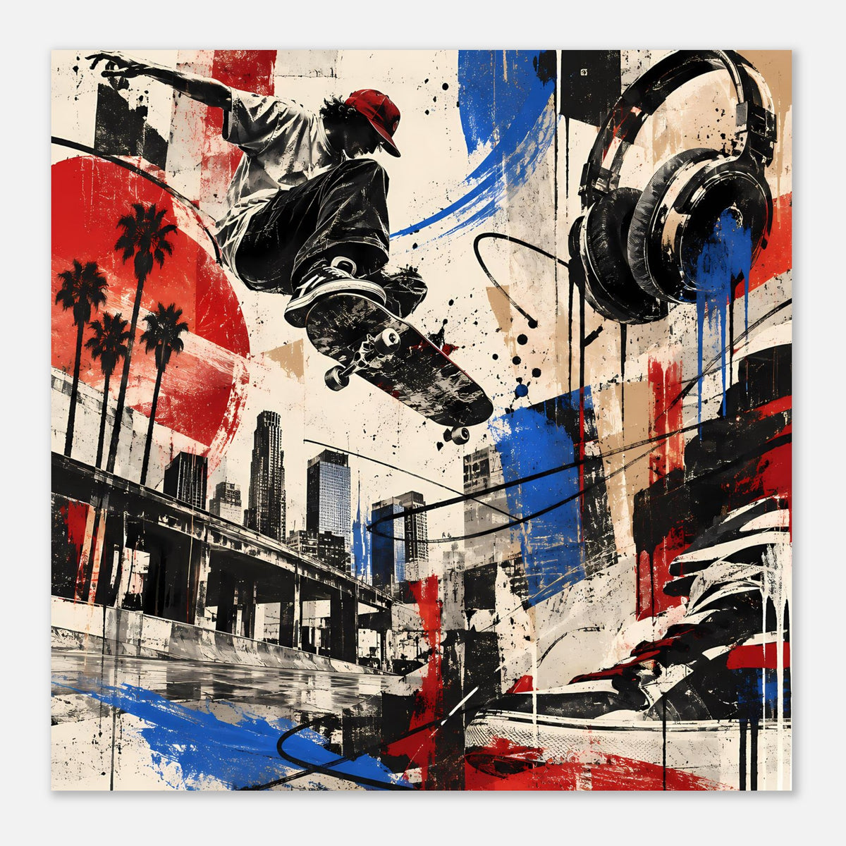 Urban-Skate-Poster Hochformat mit Skateboarder-Motiv, Spritzer in Rot, Blau, Schwarz
